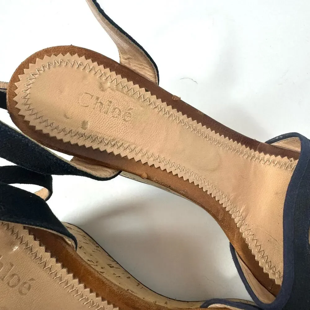 CHLOE Blue Wedge Open Toes Sandal Heel Size 40